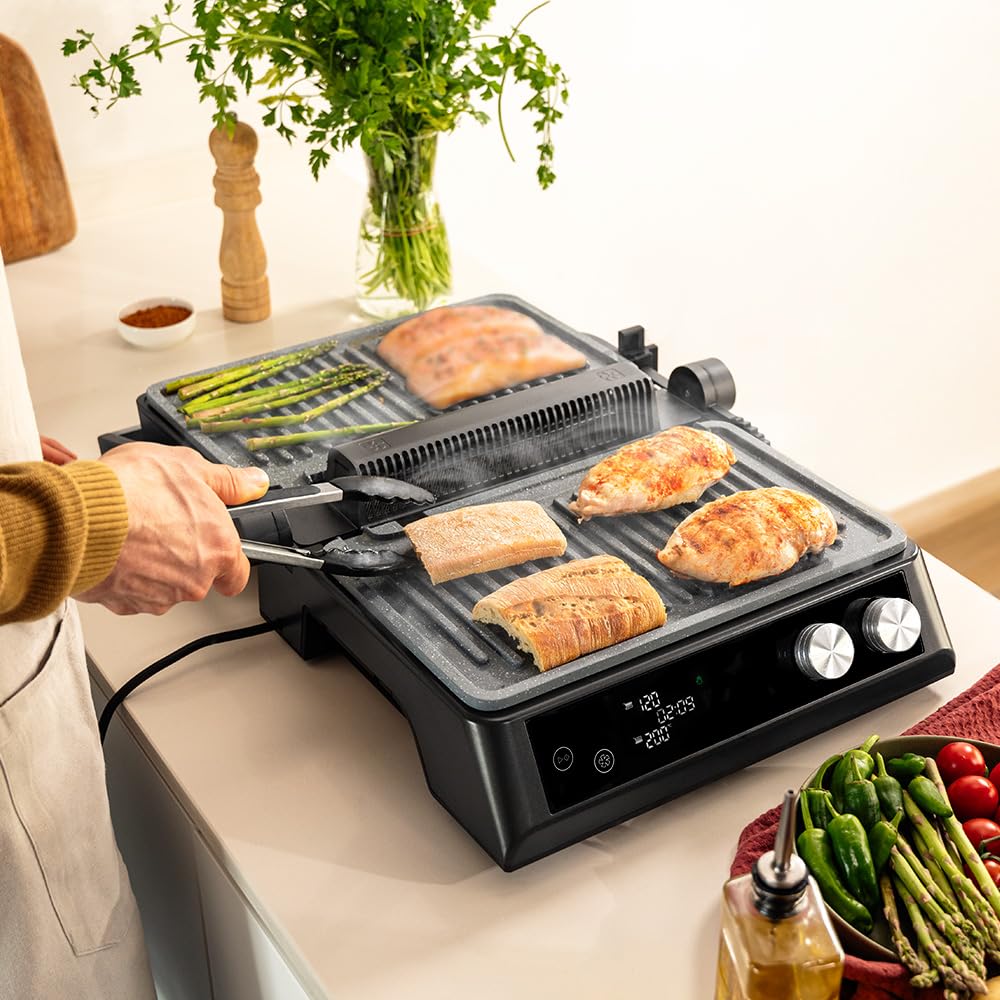 Cecotec Rock’nGrill Bistro Parrilla Eléctrica 2400 W Sin Humo con Placas Desmontables, Control Táctil, Temperatura Independiente y Sonda Incluida