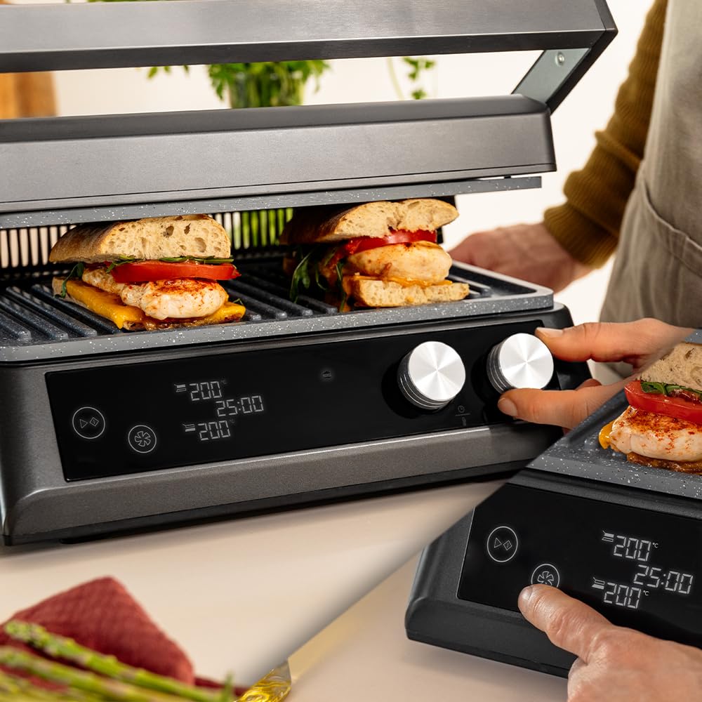 Cecotec Rock’nGrill Bistro Parrilla Eléctrica 2400 W Sin Humo con Placas Desmontables, Control Táctil, Temperatura Independiente y Sonda Incluida