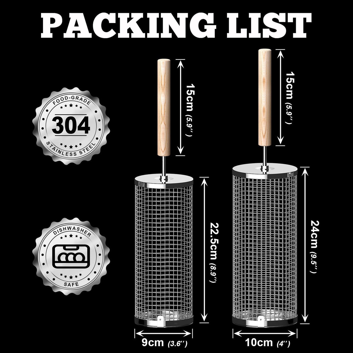 Ivtivfu Juego de Cestas para Parrilla de Acero Inoxidable 304 con Mango de Madera Extraíble, Ideal para Verduras y Mariscos, Camping y Regalo para Hombre o Padre Ask ChatGPT