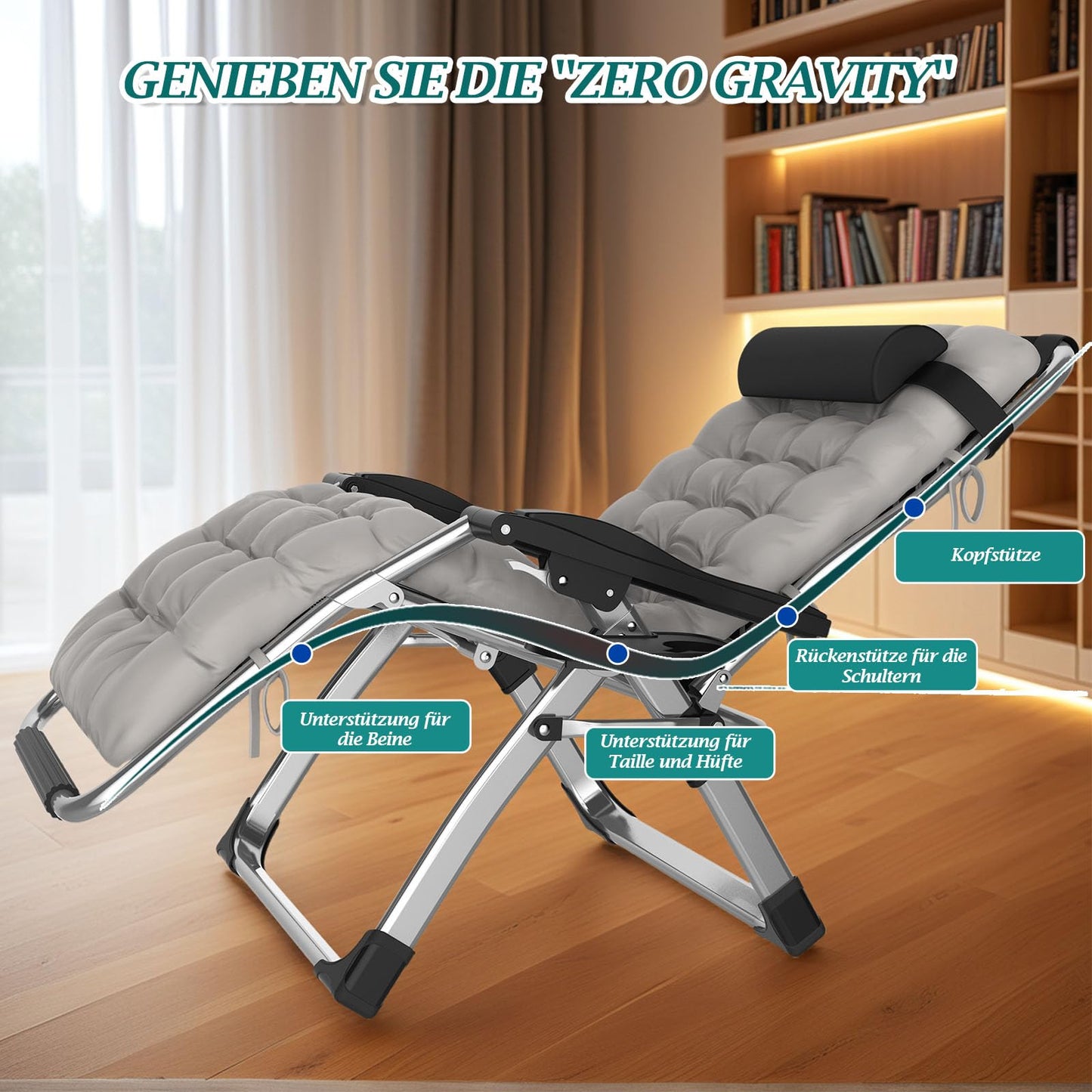 Fiutazge 2 Piezas Tumbonas de Jardín Plegables con Cojín Acolchado, Reposacabezas Extraíble, Portavasos y Funda, Ajustables para Playa o Terraza, Carga Máx. 240 kg, Color Gris