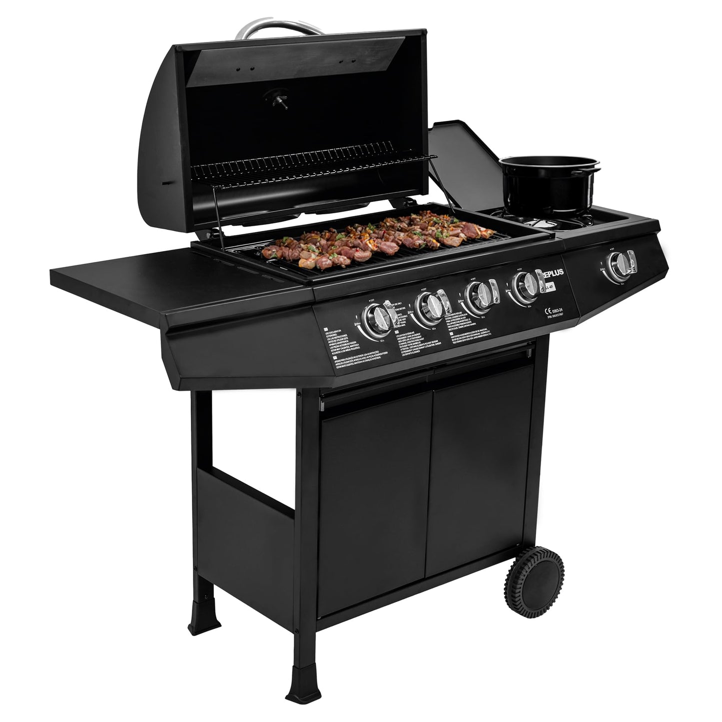 Amig Fireplus GRILL-4F Barbacoa de Gas XXL con 5 Quemadores (4+1) 9,3 kW, Acero Inoxidable Negro, con Carro, Ruedas, Termómetro y Bandeja Lateral
