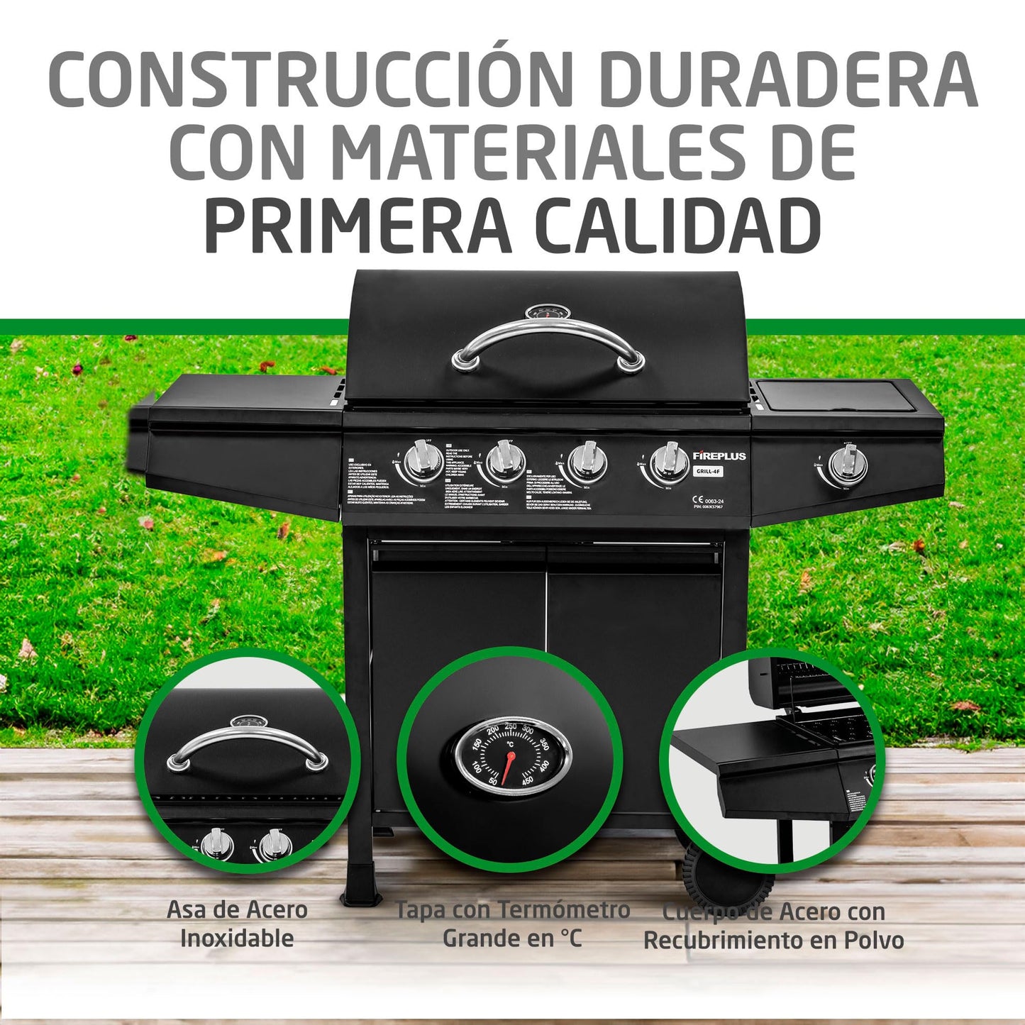 Amig Fireplus GRILL-4F Barbacoa de Gas XXL con 5 Quemadores (4+1) 9,3 kW, Acero Inoxidable Negro, con Carro, Ruedas, Termómetro y Bandeja Lateral