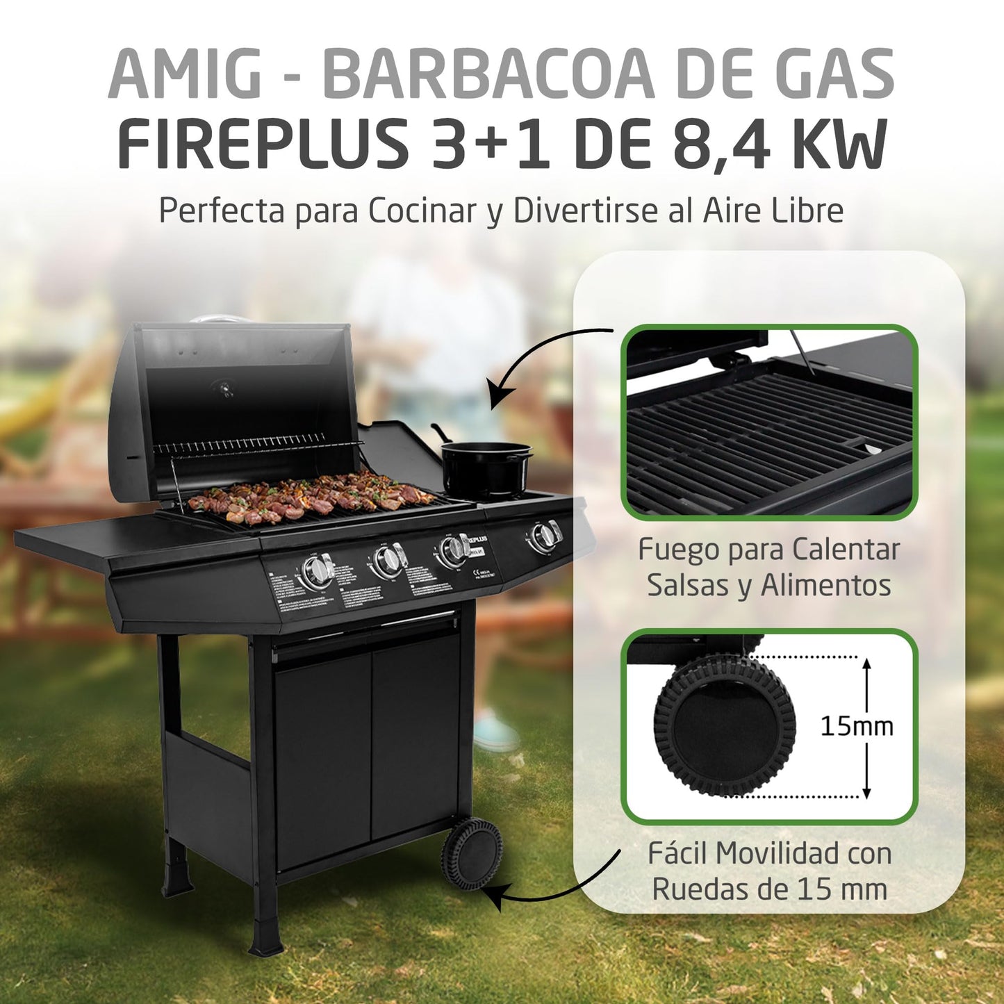 Amig Fireplus GRILL-3F Barbacoa de Gas 4 Quemadores Acero Inoxidable