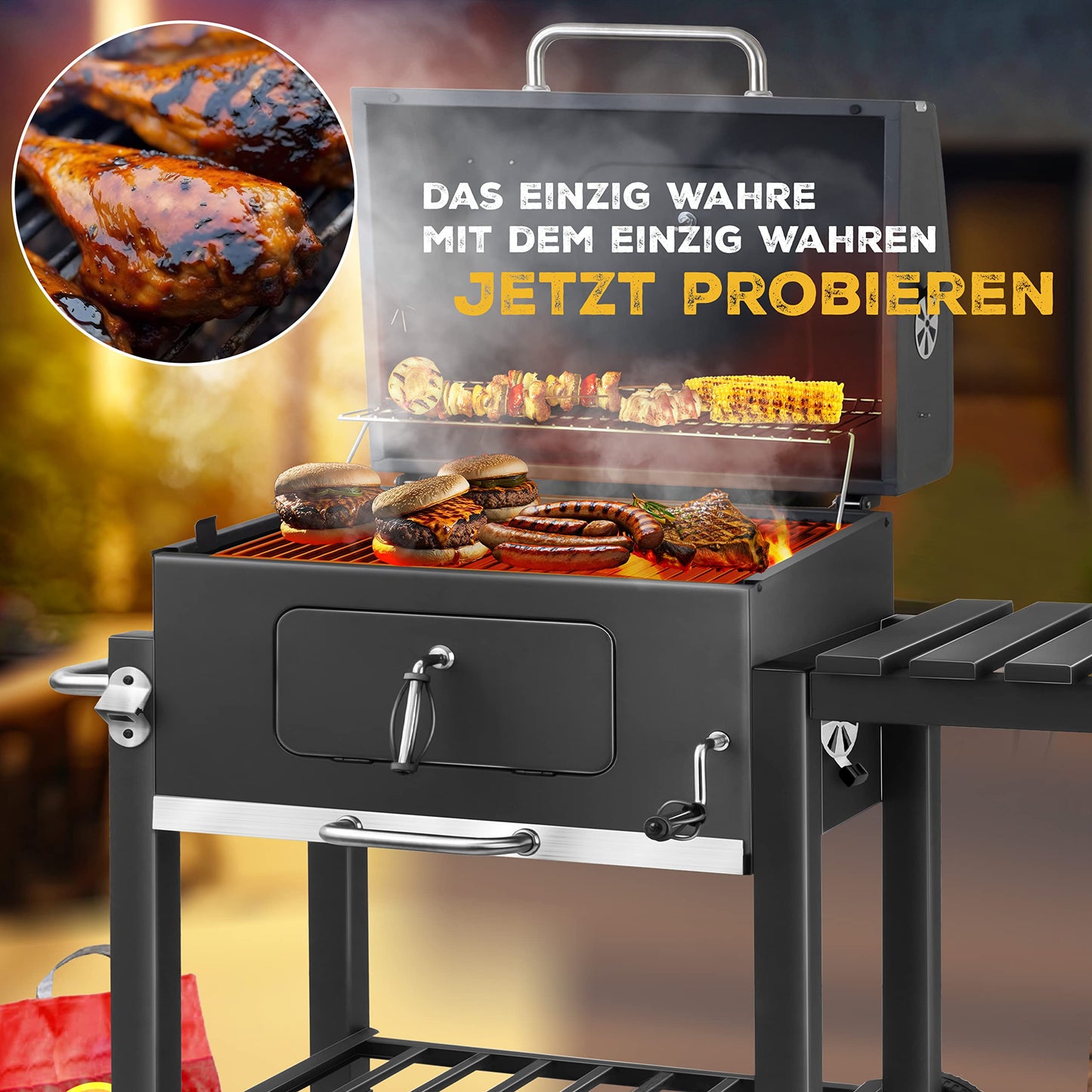 KESSER® Barbacoa de Carbón XL con Tapa, Carrito y Ruedas, Termómetro y Mango de Acero Inoxidable, para Camping, Jardín y Terraza, Color Gris