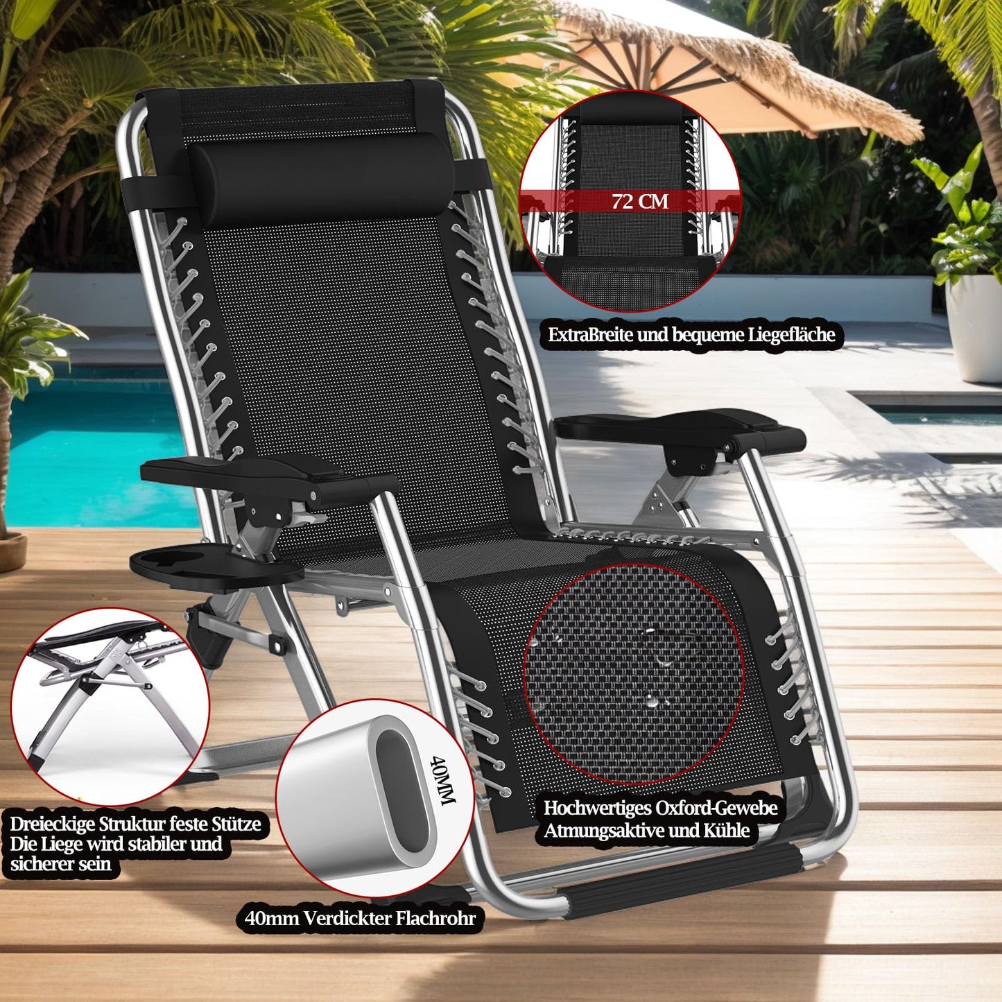 Fiutazge 2 Piezas Tumbonas de Jardín Plegables con Cojín Acolchado, Reposacabezas Extraíble, Portavasos y Funda, Ajustables para Playa o Terraza, Carga Máx. 240 kg, Color Gris