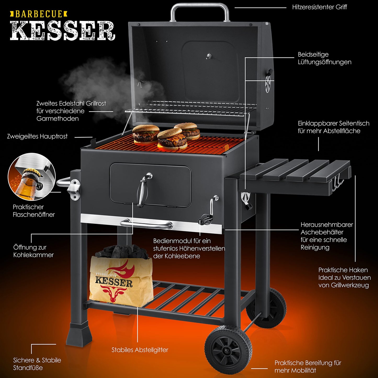 KESSER® Barbacoa de Carbón XL con Tapa, Carrito y Ruedas, Termómetro y Mango de Acero Inoxidable, para Camping, Jardín y Terraza, Color Gris