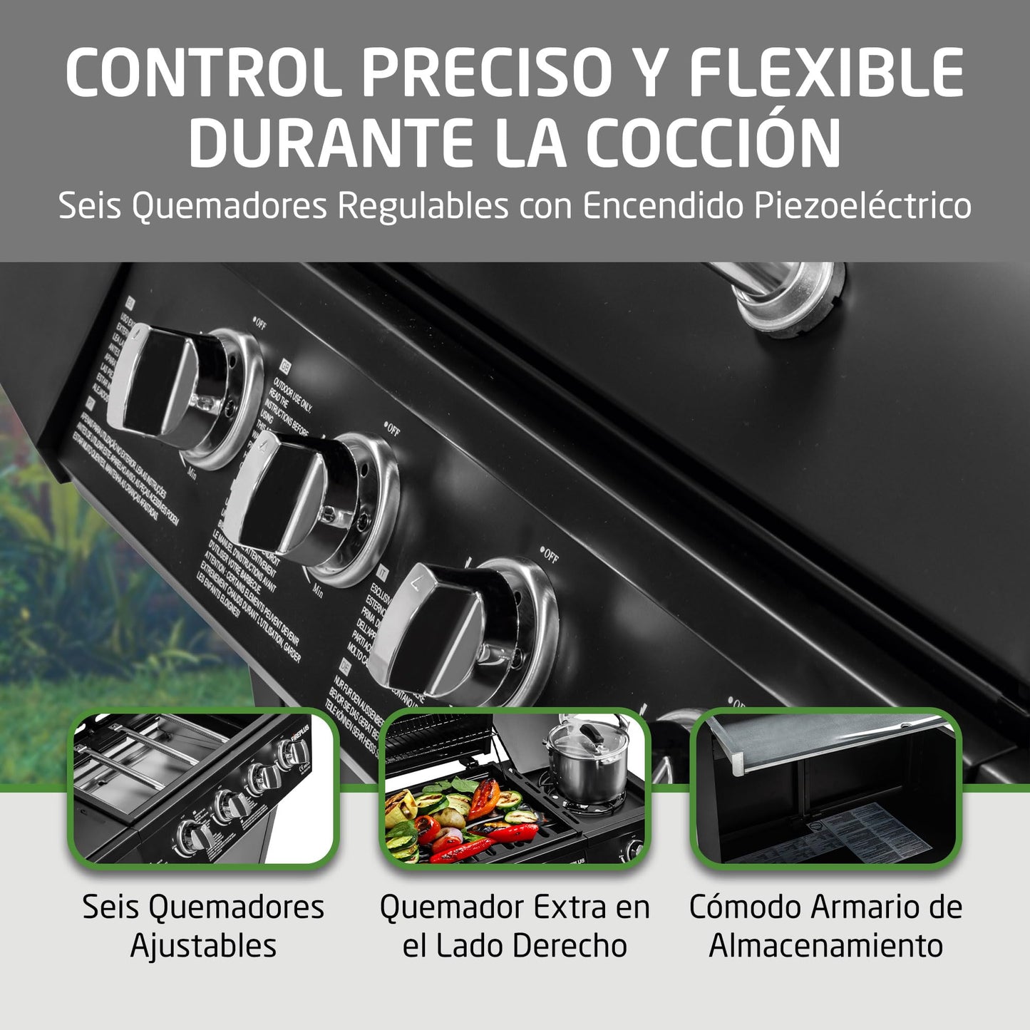 Amig Fireplus GRILL-4F Barbacoa de Gas XXL con 5 Quemadores (4+1) 9,3 kW, Acero Inoxidable Negro, con Carro, Ruedas, Termómetro y Bandeja Lateral