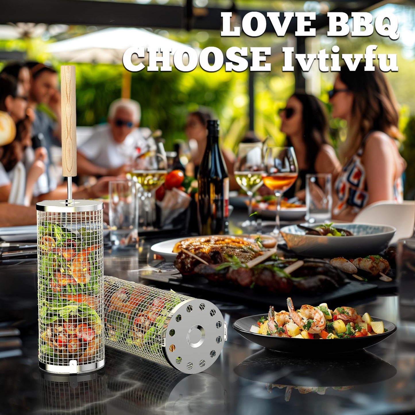 Ivtivfu Juego de Cestas para Parrilla de Acero Inoxidable 304 con Mango de Madera Extraíble, Ideal para Verduras y Mariscos, Camping y Regalo para Hombre o Padre Ask ChatGPT