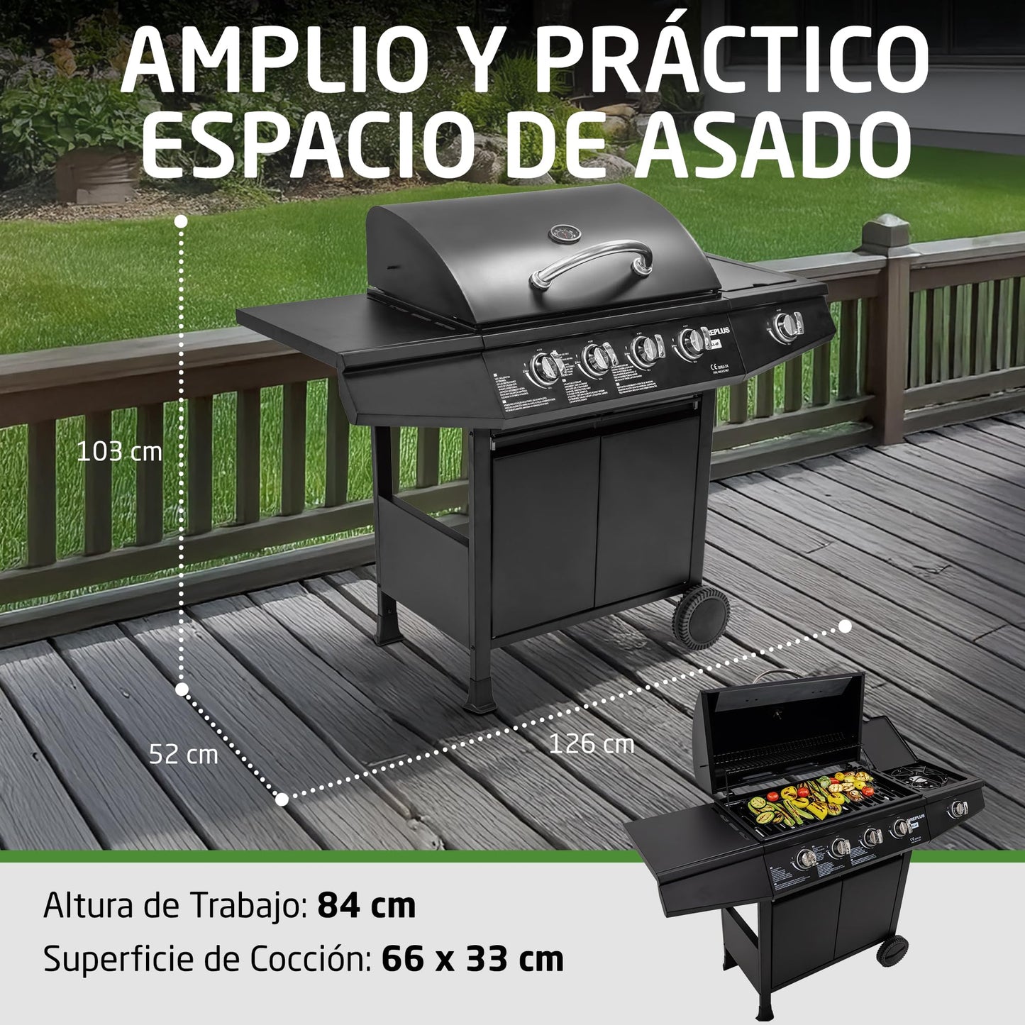 Amig Fireplus GRILL-4F Barbacoa de Gas XXL con 5 Quemadores (4+1) 9,3 kW, Acero Inoxidable Negro, con Carro, Ruedas, Termómetro y Bandeja Lateral