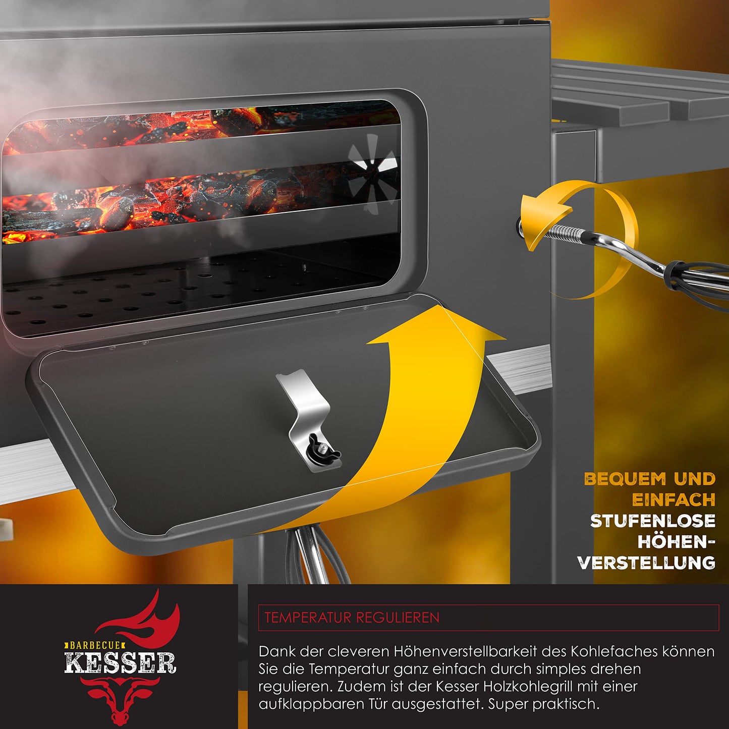 KESSER® Barbacoa de Carbón XL con Tapa, Carrito y Ruedas, Termómetro y Mango de Acero Inoxidable, para Camping, Jardín y Terraza, Color Gris
