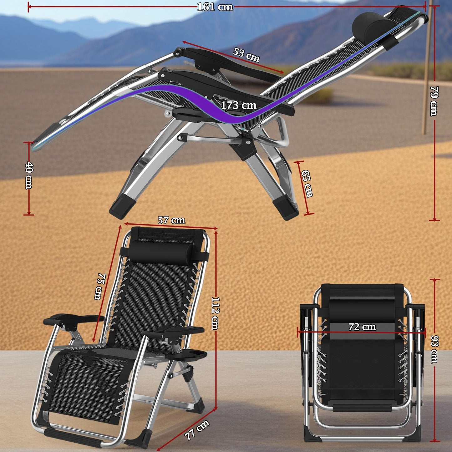 Fiutazge 2 Piezas Tumbonas de Jardín Plegables con Cojín Acolchado, Reposacabezas Extraíble, Portavasos y Funda, Ajustables para Playa o Terraza, Carga Máx. 240 kg, Color Gris