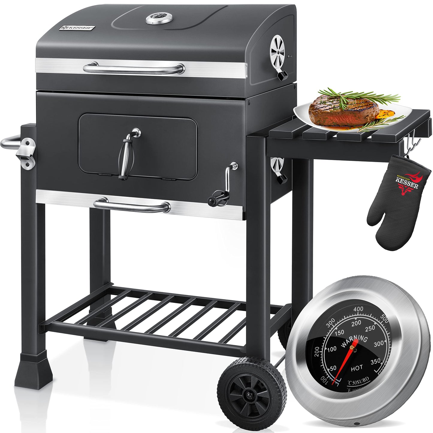 KESSER® Barbacoa de Carbón XL con Tapa, Carrito y Ruedas, Termómetro y Mango de Acero Inoxidable, para Camping, Jardín y Terraza, Color Gris