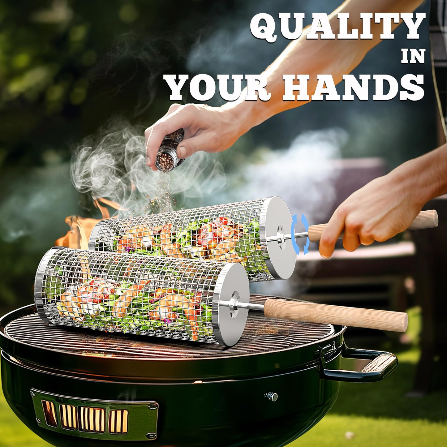 Ivtivfu Juego de Cestas para Parrilla de Acero Inoxidable 304 con Mango de Madera Extraíble, Ideal para Verduras y Mariscos, Camping y Regalo para Hombre o Padre Ask ChatGPT