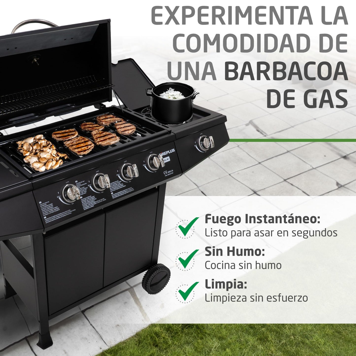 Amig Fireplus GRILL-4F Barbacoa de Gas XXL con 5 Quemadores (4+1) 9,3 kW, Acero Inoxidable Negro, con Carro, Ruedas, Termómetro y Bandeja Lateral