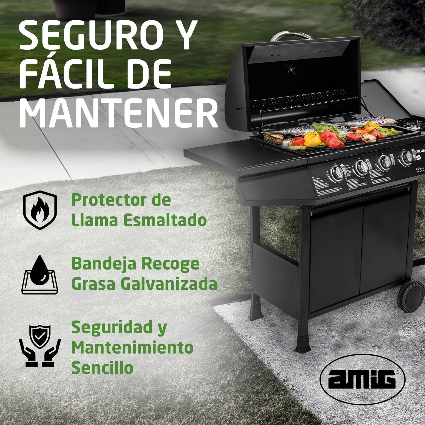 Amig Fireplus GRILL-4F Barbacoa de Gas XXL con 5 Quemadores (4+1) 9,3 kW, Acero Inoxidable Negro, con Carro, Ruedas, Termómetro y Bandeja Lateral