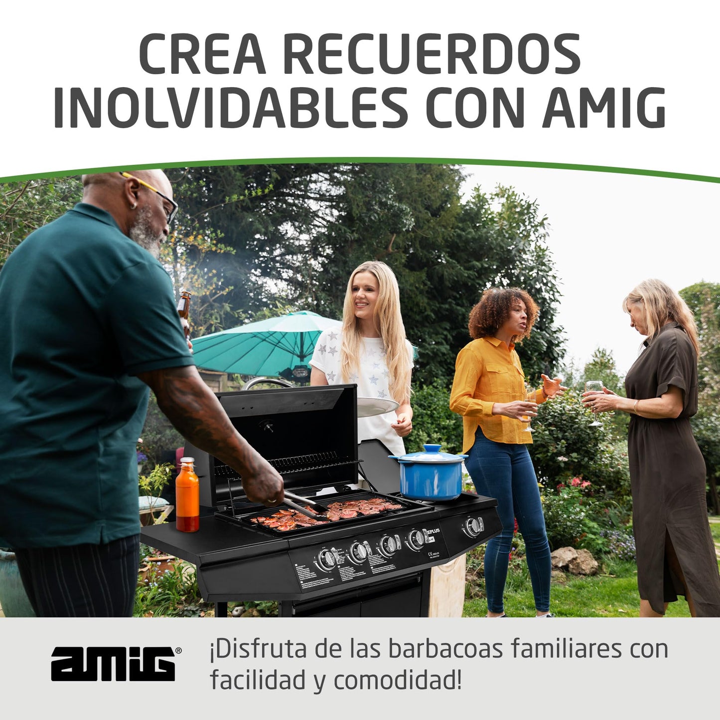 Amig Fireplus GRILL-4F Barbacoa de Gas XXL con 5 Quemadores (4+1) 9,3 kW, Acero Inoxidable Negro, con Carro, Ruedas, Termómetro y Bandeja Lateral