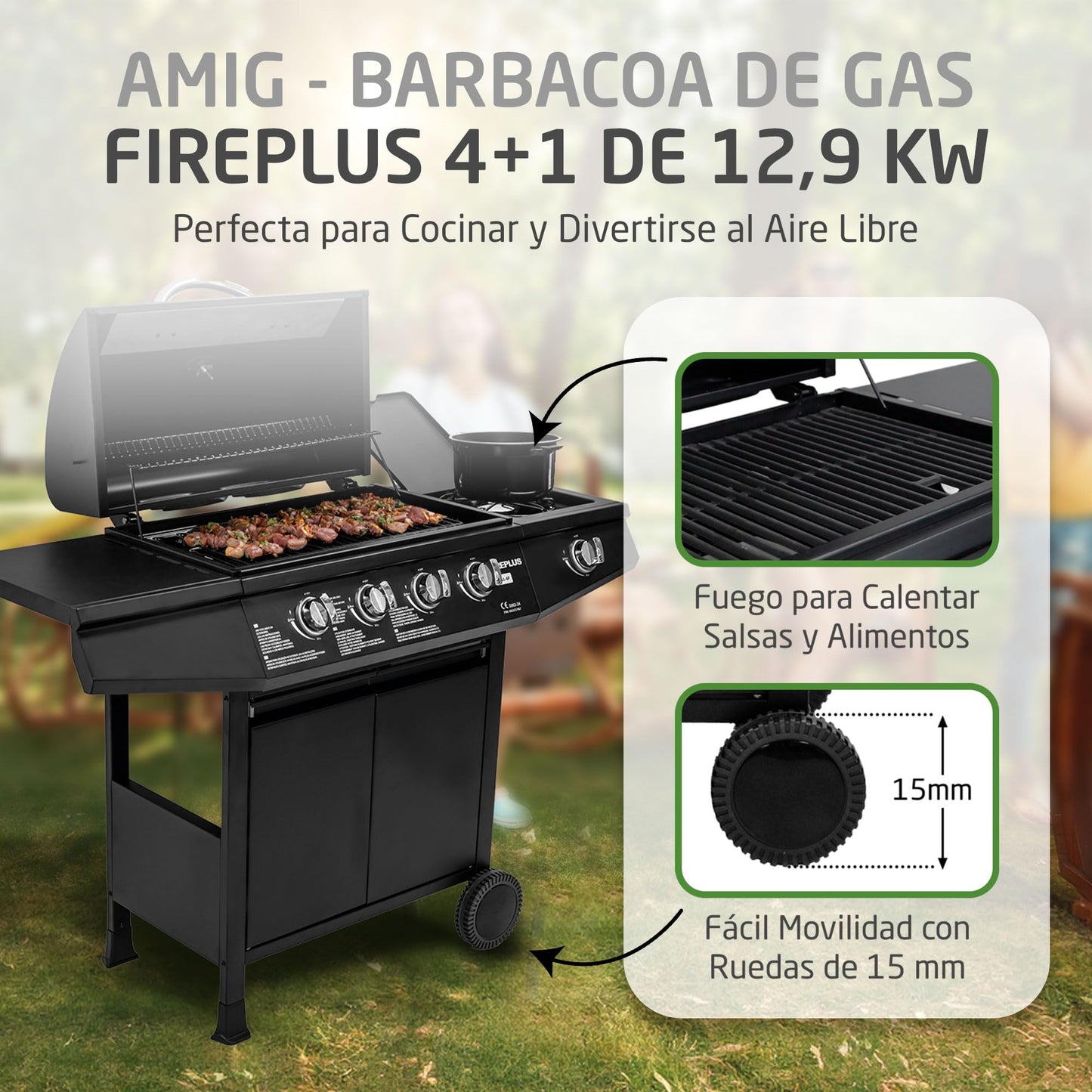 Amig Fireplus GRILL-4F Barbacoa de Gas XXL con 5 Quemadores (4+1) 9,3 kW, Acero Inoxidable Negro, con Carro, Ruedas, Termómetro y Bandeja Lateral