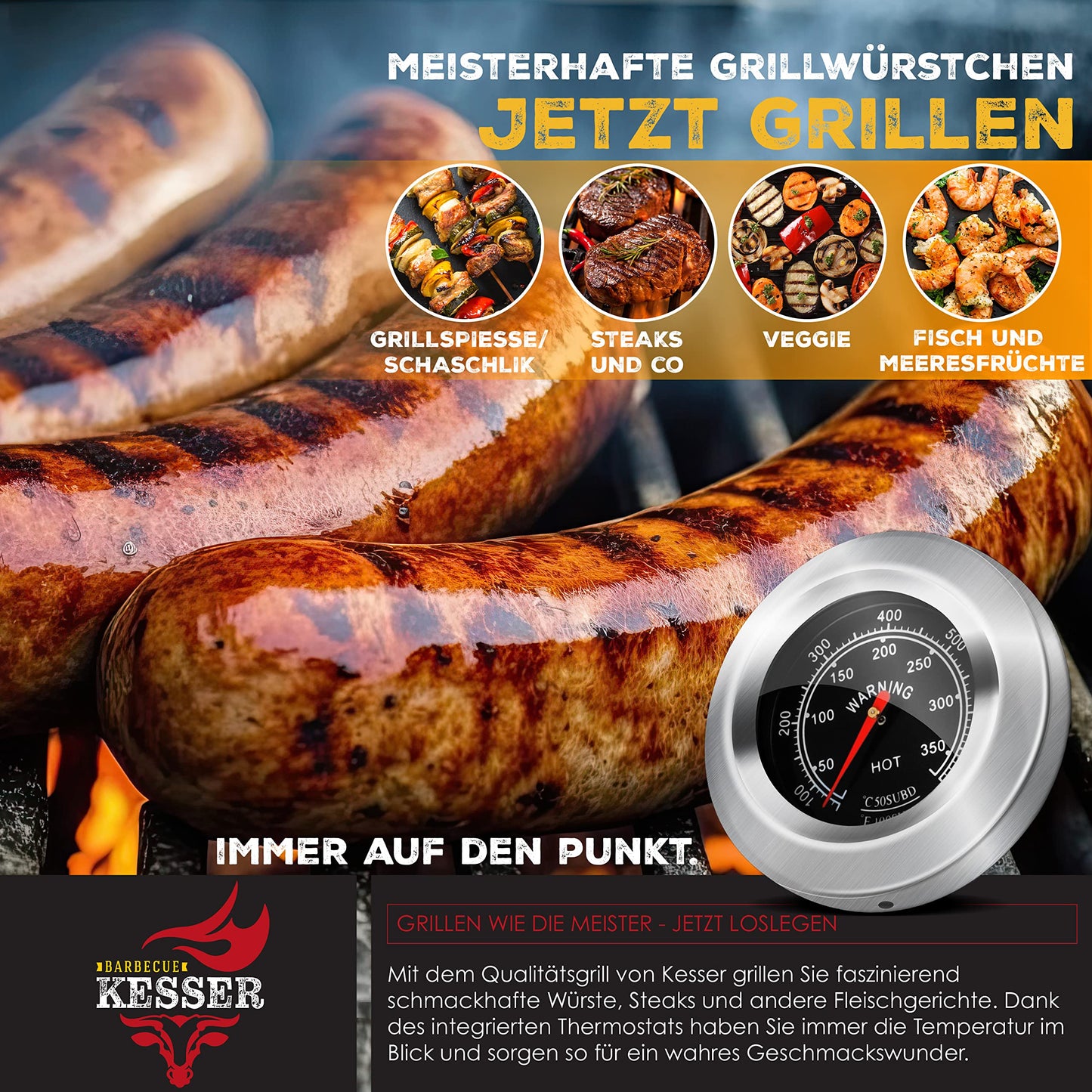KESSER® Barbacoa de Carbón XL con Tapa, Carrito y Ruedas, Termómetro y Mango de Acero Inoxidable, para Camping, Jardín y Terraza, Color Gris