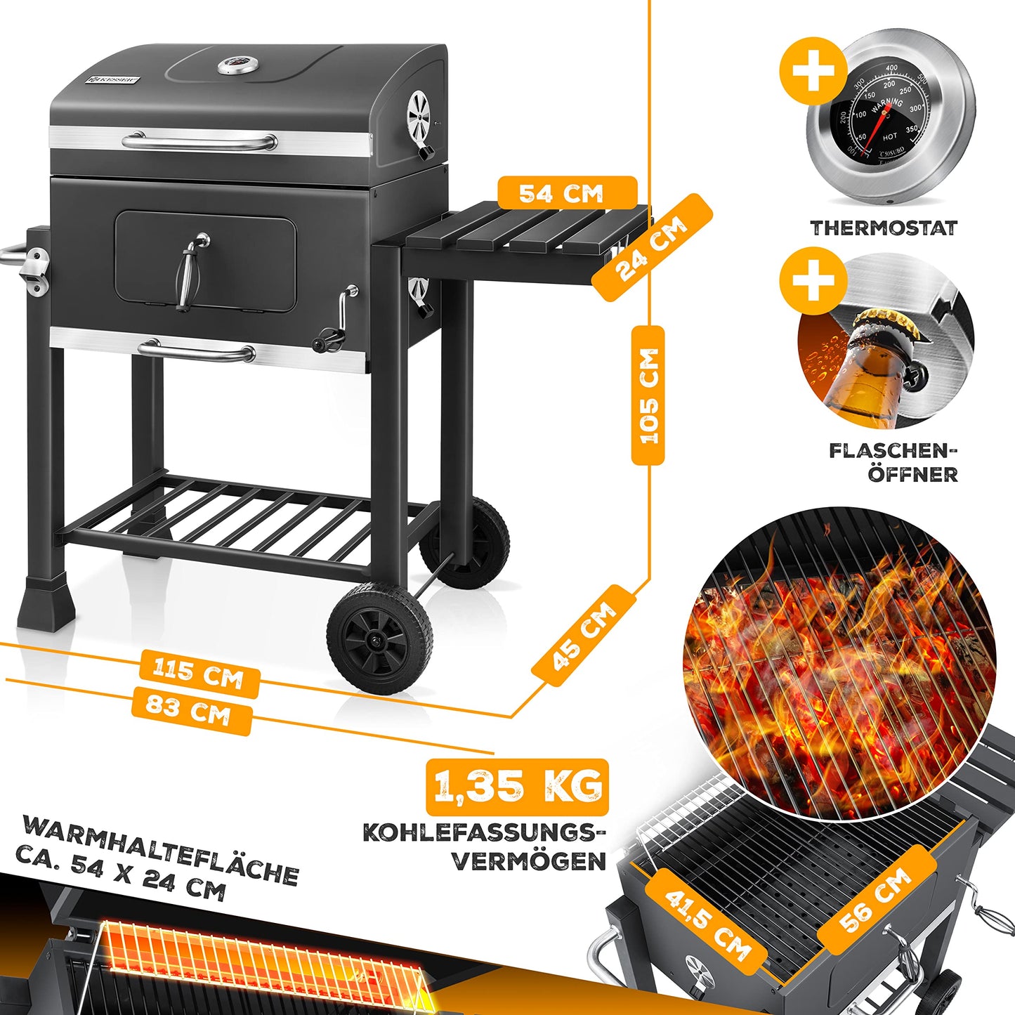 KESSER® Barbacoa de Carbón XL con Tapa, Carrito y Ruedas, Termómetro y Mango de Acero Inoxidable, para Camping, Jardín y Terraza, Color Gris