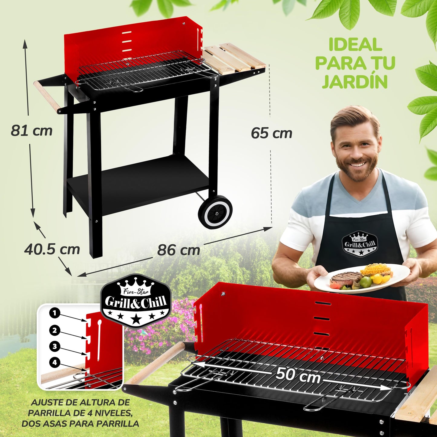 Five-Star Grill&Chill GC0010 Barbacoa de Carbón con Ruedas