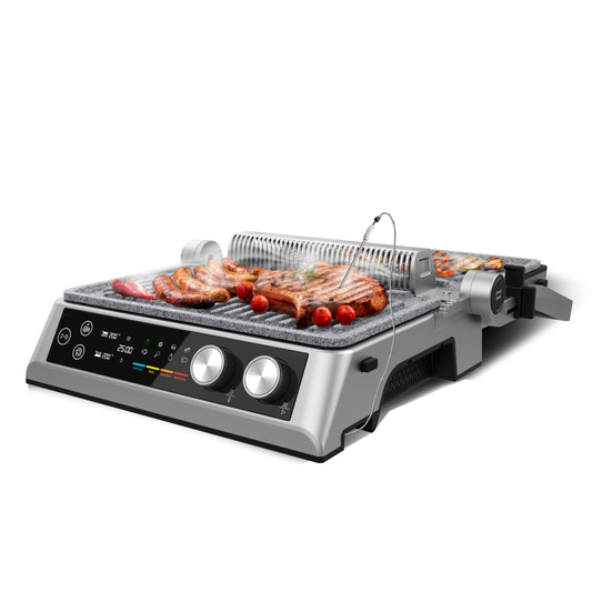 Cecotec Rock’nGrill Bistro Parrilla Eléctrica 2400 W Sin Humo con Placas Desmontables, Control Táctil, Temperatura Independiente y Sonda Incluida