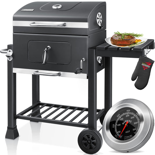 KESSER® Barbacoa de Carbón XL con Tapa, Carrito y Ruedas, Termómetro y Mango de Acero Inoxidable, para Camping, Jardín y Terraza, Color Gris