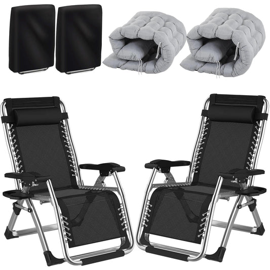 Fiutazge 2 Piezas Tumbonas de Jardín Plegables con Cojín Acolchado, Reposacabezas Extraíble, Portavasos y Funda, Ajustables para Playa o Terraza, Carga Máx. 240 kg, Color Gris